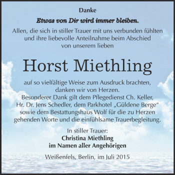 Traueranzeige von Horst Miethling von WVG - Wochenspiegel NMB / WSF / ZTZ