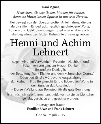 Traueranzeige von Henni und Achim Lehnert von Super Sonntag SGH Mansf. Land