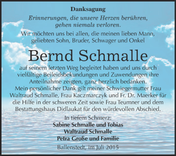 Traueranzeige von Bernd Schmalle von WVG - Wochenspiegel Quedlinburg