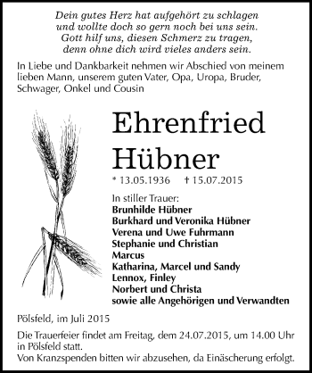 Traueranzeige von Ehrenfried Hübner von Mitteldeutsche Zeitung Sangerhausen