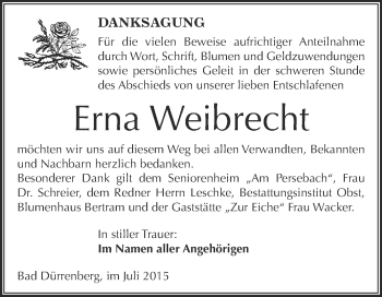 Traueranzeige von Erna Weibrecht von Super Sonntag Merseburg