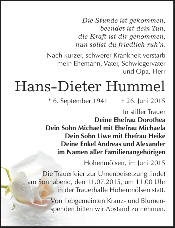 Traueranzeige von Hans-Dieter Hummel von Mitteldeutsche Zeitung Weißenfels