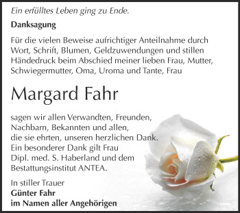 Traueranzeige von Margard Fahr von Super Sonntag Zeitz