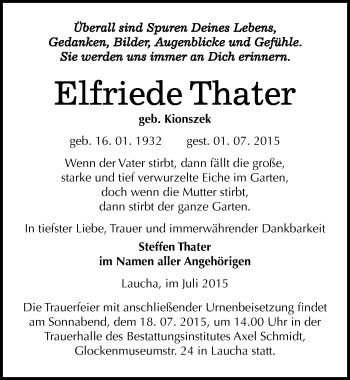 Traueranzeige von Elfriede Thater von Mitteldeutsche Zeitung Naumburg/Nebra