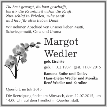 Traueranzeige von Margot Wedler von WVG - Wochenspiegel Merseburg