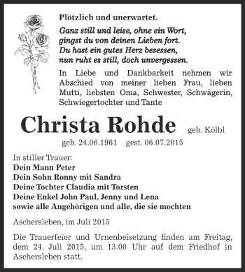 Traueranzeige von Christa Rohde von Super Sonntag Aschersleben