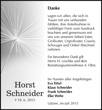 Traueranzeige von Horst Schneider von Mitteldeutsche Zeitung Weißenfels