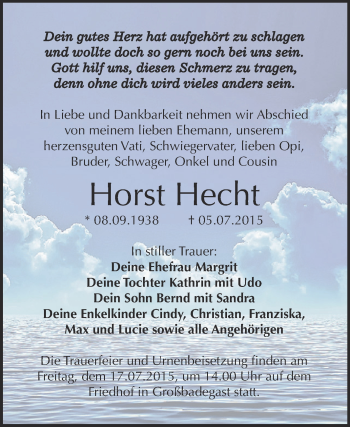 Traueranzeige von Horst Hecht von WVG - Wochenspiegel Dessau / Köthen