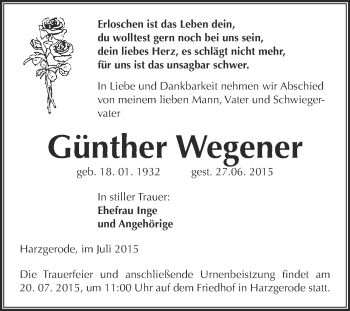 Traueranzeige von Günther Wegener von Super Sonntag Quedlinburg