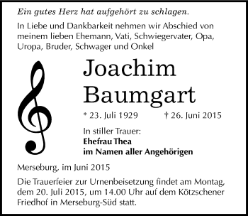 Traueranzeige von Joachim Baumgart von Mitteldeutsche Zeitung Merseburg/Querfurt