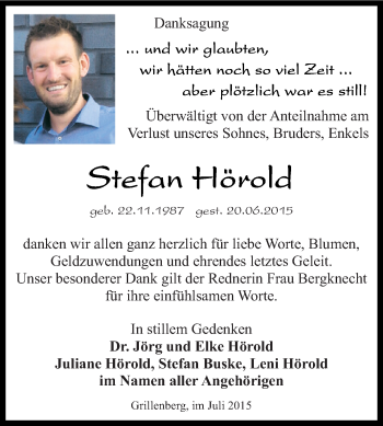 Traueranzeige von Stefan Hörold von WVG - Wochenspiegel SGH