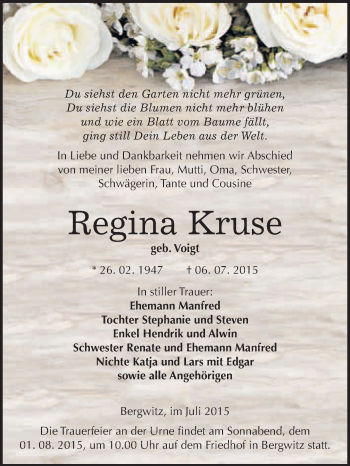 Traueranzeige von Regina Kruse von WVG - Wochenspiegel Wittenberg
