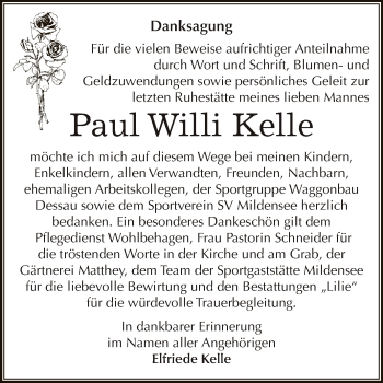 Traueranzeige von Paul Willi Kelle von WVG - Wochenspiegel Dessau / Köthen
