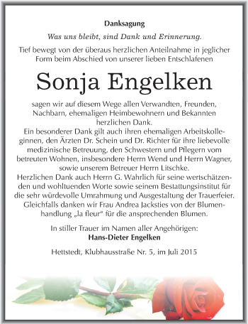 Traueranzeige von Sonja Engelken von Mitteldeutsche Zeitung Mansfelder Land