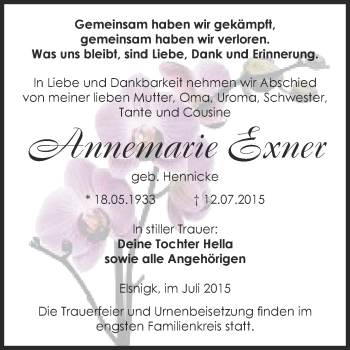 Traueranzeige von Annemarie Exner von WVG - Wochenspiegel Dessau / Köthen