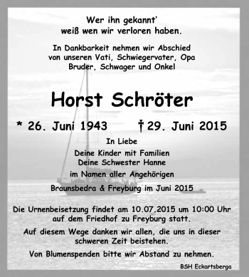 Traueranzeige von Horst Schröter von WVG - Wochenspiegel NMB / WSF / ZTZ
