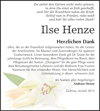 Traueranzeige von Ilse Henze von WVG - Wochenspiegel Wittenberg