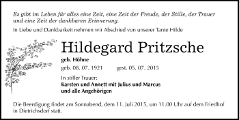 Traueranzeige von Hildegard Pritzsche von Mitteldeutsche Zeitung Wittenberg