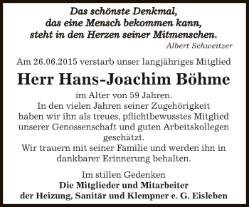Traueranzeige von Hans-Joachim Böhme von Super Sonntag SGH Mansf. Land