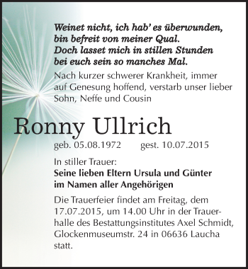 Traueranzeige von Ronny Ullrich von Mitteldeutsche Zeitung Naumburg/Nebra