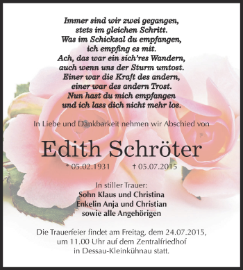 Traueranzeige von Edith Schröter von WVG - Wochenspiegel Dessau / Köthen
