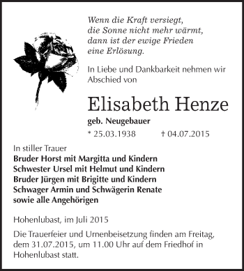 Traueranzeige von Elisabeth Henze von WVG - Wochenspiegel Wittenberg
