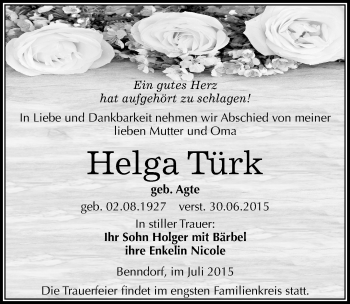 Traueranzeige von Helga Türk von Mitteldeutsche Zeitung Mansfelder Land