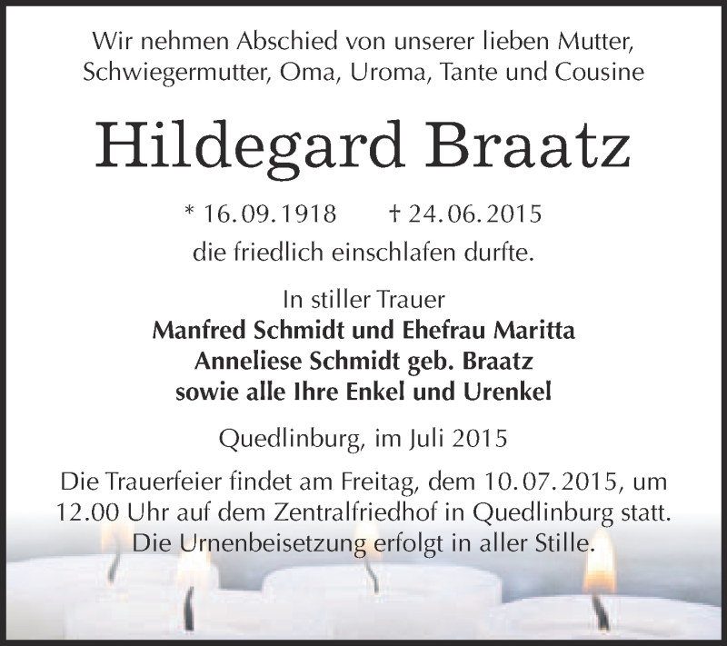  Traueranzeige für Hildegard Braatz vom 05.07.2015 aus WVG - Wochenspiegel Quedlinburg