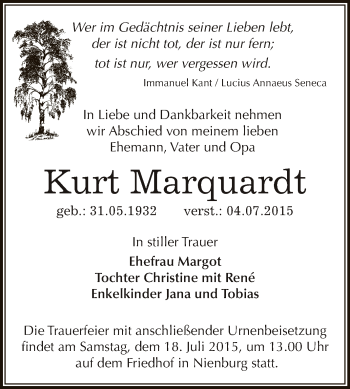 Traueranzeige von Kurt Marquardt von Super Sonntag Bernburg