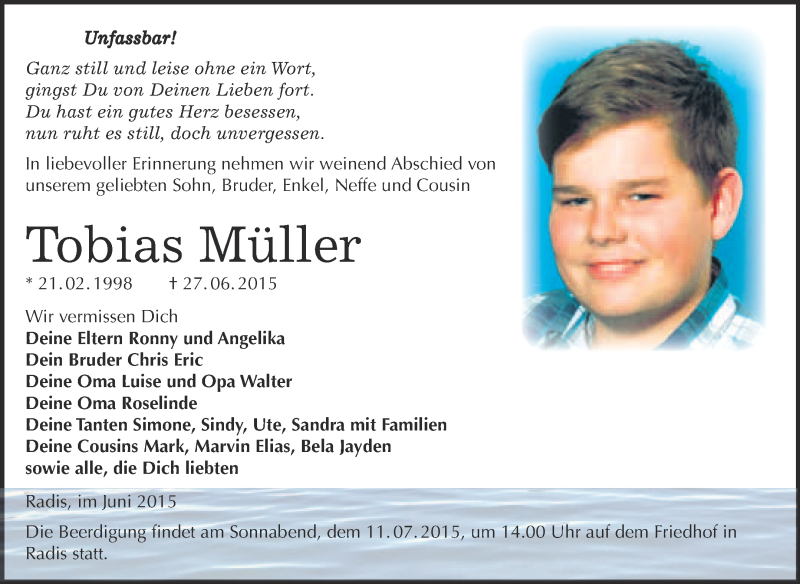  Traueranzeige für Tobias Müller vom 05.07.2015 aus WVG - Wochenspiegel Wittenberg