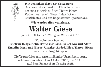 Traueranzeige von Walter Giese von Super Sonntag Wittenberg