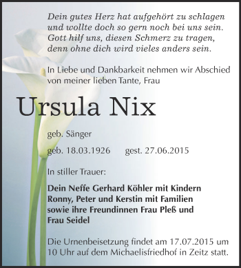 Traueranzeige von Ursula Nix von Super Sonntag Zeitz