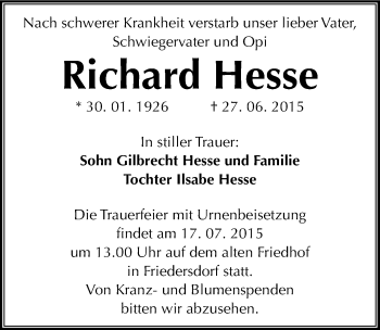 Traueranzeige von Richard Hesse von Mitteldeutsche Zeitung Bitterfeld