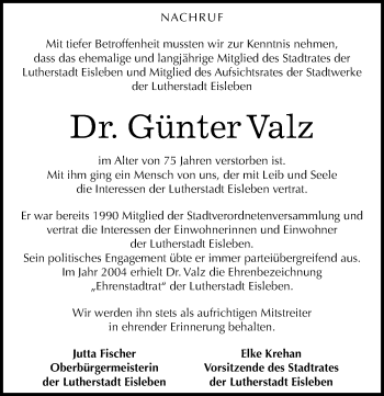 Traueranzeige von Günter Valz von Mitteldeutsche Zeitung Mansfelder Land