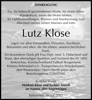 Traueranzeige von Lutz Klose von Mitteldeutsche Zeitung Zeitz
