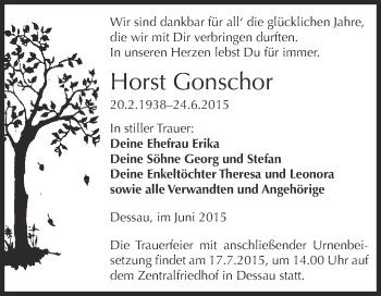 Traueranzeige von Horst Gonschor von WVG - Wochenspiegel Dessau / Köthen