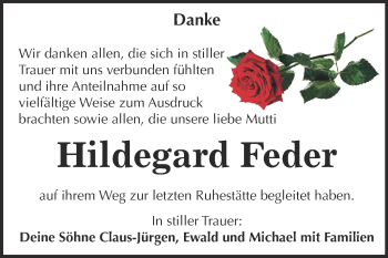 Traueranzeige von Hildegard Feder von WVG - Wochenspiegel Dessau / Köthen