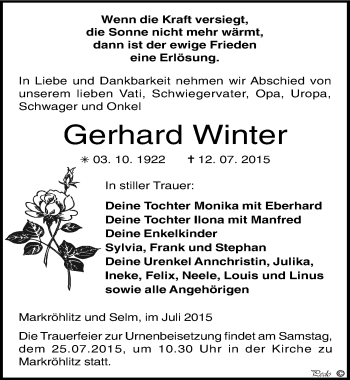 Traueranzeige von Gerhard Winter von Mitteldeutsche Zeitung Weißenfels