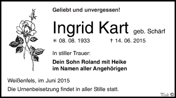 Traueranzeige von Ingrid Kart von WVG - Wochenspiegel NMB / WSF / ZTZ