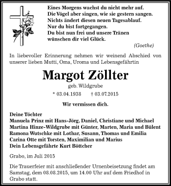Traueranzeige von Margot Zöllter von Mitteldeutsche Zeitung Wittenberg