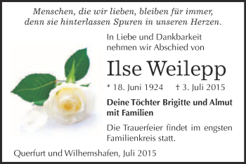 Traueranzeige von Ilse Weilepp von WVG - Wochenspiegel Merseburg