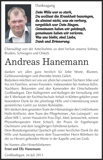 Traueranzeige von Andreas Hanemann von WVG - Wochenspiegel Dessau / Köthen