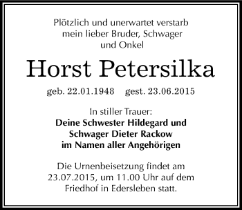 Traueranzeige von Horst Petersilka von Mitteldeutsche Zeitung Sangerhausen