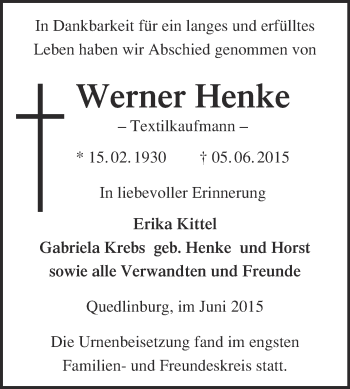 Traueranzeige von Werner Henke von WVG - Wochenspiegel Quedlinburg