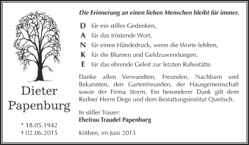 Traueranzeige von Dieter Papenburg von WVG - Wochenspiegel Dessau / Köthen
