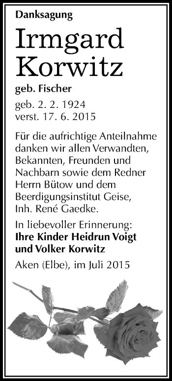 Traueranzeige von Irmgard Korwitz von Mitteldeutsche Zeitung Köthen