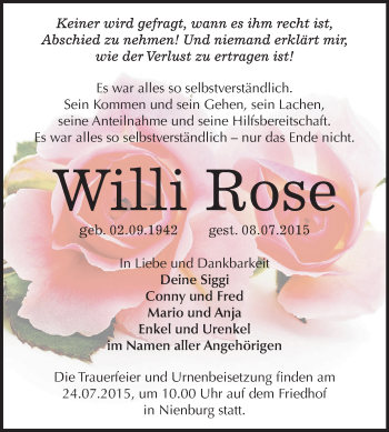 Traueranzeige von Willi Rose von Super Sonntag Bernburg