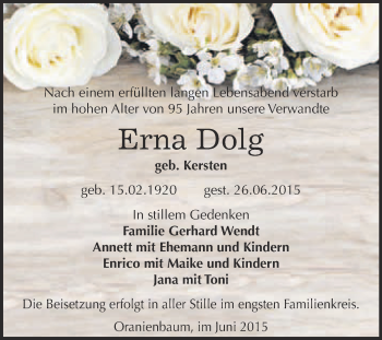 Traueranzeige von Erna Dolg von WVG - Wochenspiegel Wittenberg