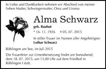 Traueranzeige von Alma Schwarz von Mitteldeutsche Zeitung Mansfelder Land