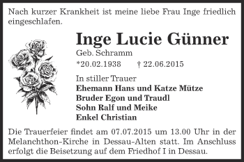 Traueranzeige von Inge Lucie Günner von WVG - Wochenspiegel Dessau / Köthen
